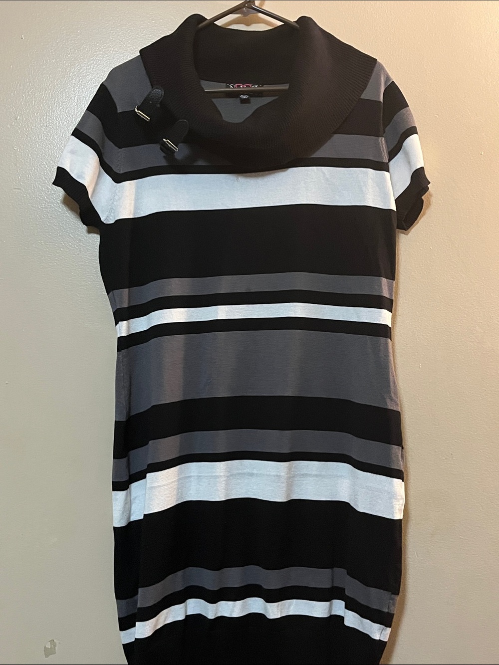 NYC Black, Gray & White Striped Cowl-Neck Mini Dress with Buckle Detail
